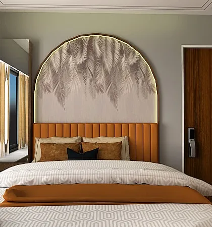 A modern bedroom design featuring an arched headboard with a feather-patterned wallpaper. The warm orange and brown tones create an inviting and comfortable atmosphere.