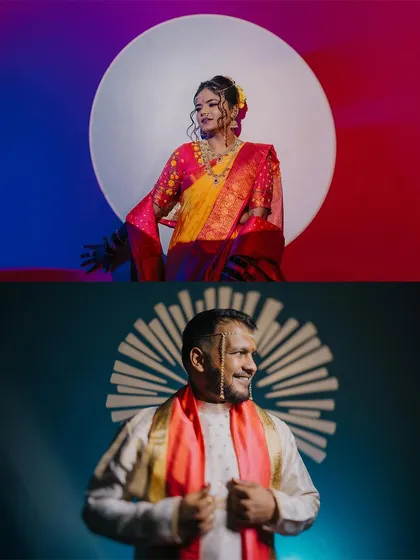 Creative portraits of the bride and groom using dramatic spotlighting against red and blue backgrounds for a modern, artistic touch.