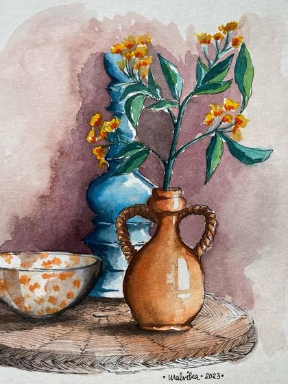 A still-life painting in watercolor and pen, featuring vases and a bowl on a wicker table. I enjoy capturing the quiet beauty of everyday objects and the interplay of color, light, and texture.