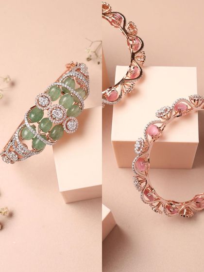 This image showcases two different but complementary bracelet designs. The soft pink background and geometric blocks create a modern and feminine setting for these beautiful pieces.