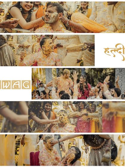 A dynamic collage that screams "SWAG" and "Haldi". This collection of images captures the pure, unadulterated fun of the ceremony, with friends and family all joining in.