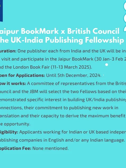 The UK-India Publishing Fellowship by Jaipur BookMark and the British Council is for publishers interested in building UK/India publishing connections.