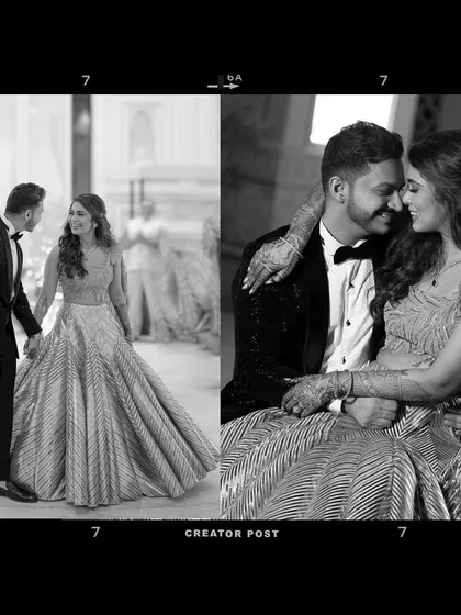 A diptych of black and white reception photos with a film-strip border. It shows the couple both in motion and in a quiet embrace, capturing different facets of their celebration.