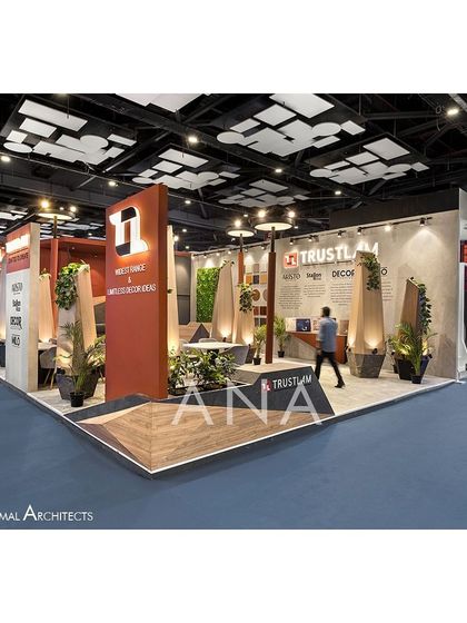 This wide shot shows the full corner presence of the Trustlam '23 stall. The open concept and unique sculptural elements made it stand out and invited exploration from multiple directions.
