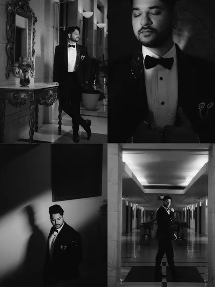 A collage of the groom, Animesh, getting ready. These black and white portraits showcase his dapper style and the moments of preparation in a cinematic, editorial way.