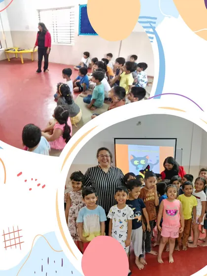 A group of happy campers poses with our storyteller after an engaging session. We believe that sharing stories together builds a strong sense of community and a collective love for reading.