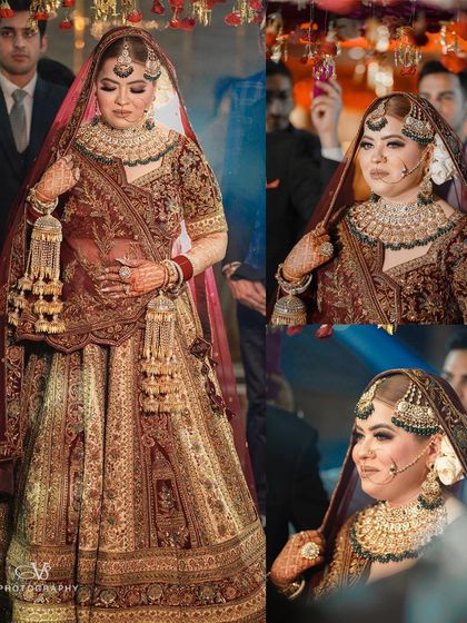 A collage of a bride's portraits during her entrance, capturing her full lehenga and candid expressions as she walks down the aisle.