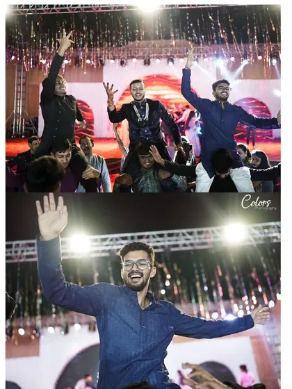 A collage of high-energy moments from the Sangeet, with the groom and his friends celebrating on the dance floor.