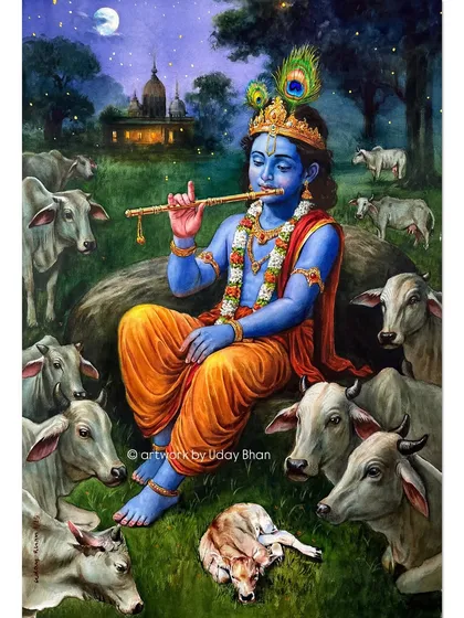 This painting of Shree Krishna was born from a place of quiet devotion. With every brushstroke, I felt a gentle presence, as if He was guiding my hand to capture the divine melody of his flute under the moonlight.
