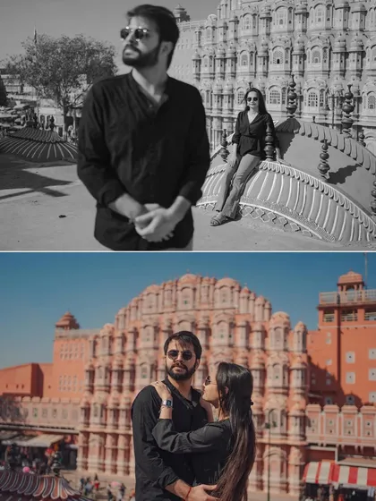 A collage showcasing a pre-wedding shoot at Hawa Mahal. We deliver a variety of shots, from classic color portraits to timeless black and white images, giving you a complete story of your day.