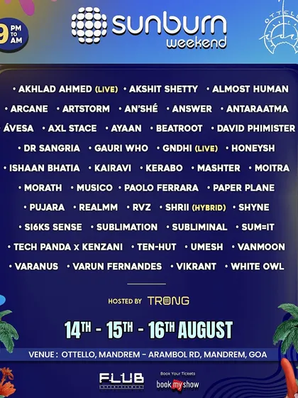 The full artist lineup for the Sunburn Weekend event in Goa. Seeing my name among so many talented artists is a reminder of how vibrant our scene is.