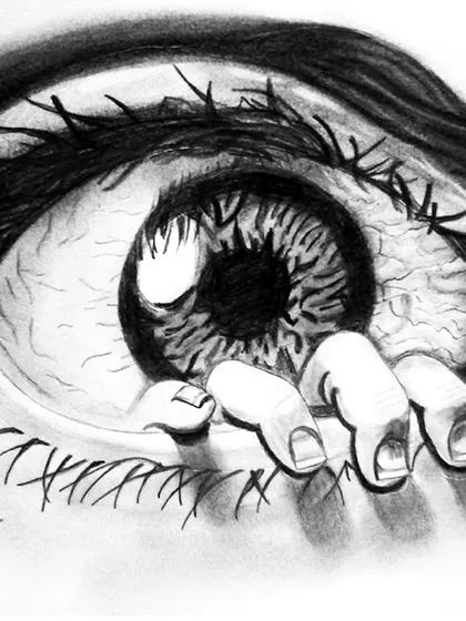 This surreal pencil artwork creates a startling and memorable image. A hand appears to be pulling open an eye, a concept that is both technically skilled and artistically provocative.
