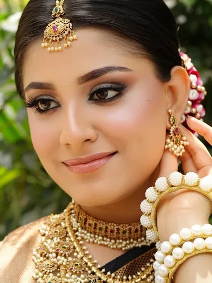 A delicate side profile, highlighting the flawless makeup and the traditional pearl bangles.