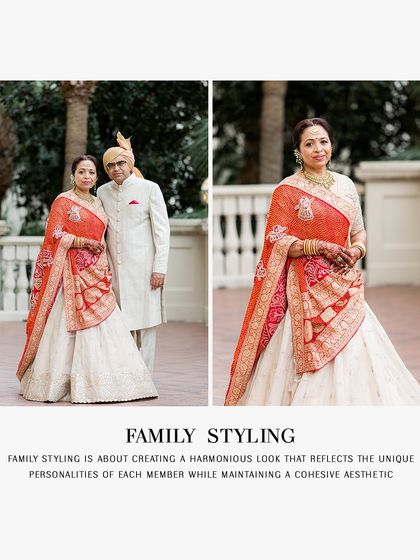 A portrait of the bride's parents, styled to reflect timeless grace. The mother's look, featuring a heritage-inspired lehenga with a vibrant orange bandhani dupatta, complements the father's classic cream sherwani. Their coordinated elegance sets a beautiful tone for the wedding ceremony.