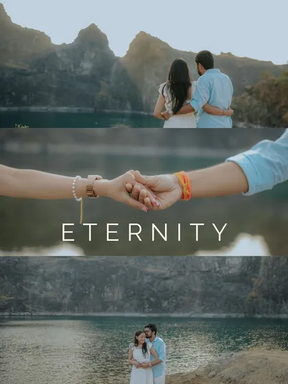 A story of eternity told in three frames. This collage beautifully captures the couple against a stunning lake, focusing on their hands, their embrace, and the vast landscape.
