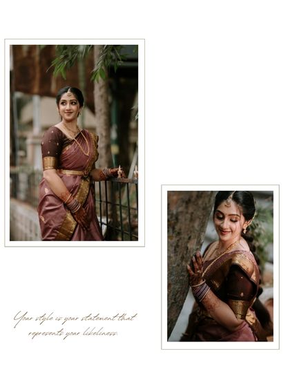 Your style is your statement. A diptych of the bride in a unique, elegant saree, capturing her poise and fashion sense.