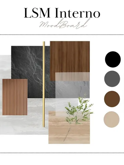 We help bring your vision to life by creating stunning mood boards. Here, we mix and match materials like dark stone, natural wood, and fluted panels with metallic accents to create a modern and sophisticated color scheme.