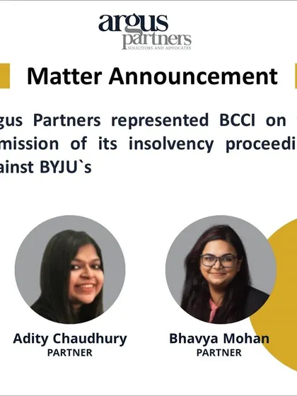 In a high-profile matter, we successfully represented the Board of Control for Cricket in India (BCCI) in initiating insolvency proceedings against Byju's parent company. This graphic highlights our team's role in navigating this complex case before the National Company Law Tribunal in Bengaluru, demonstrating our capability in handling significant corporate insolvency resolution processes.