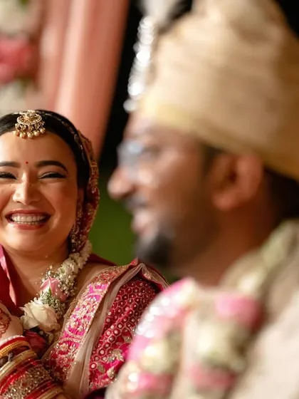 A beautiful, wide smile from the bride, capturing a moment of pure happiness during her wedding.