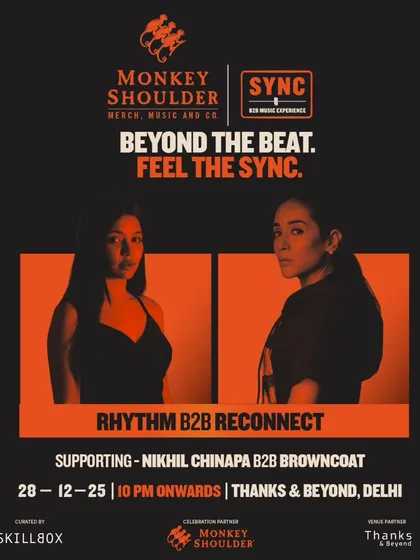 A poster focusing on the supporting B2B set by Rhythm and Reconnect for the SYNC event in Delhi.