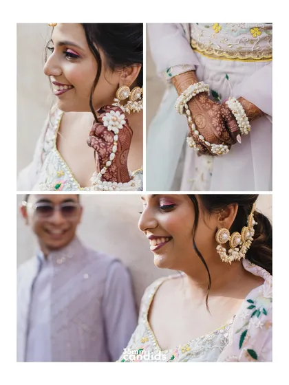 A collage of the bride's Haldi look, focusing on her floral jewelry, bright makeup, and happy, candid expressions.