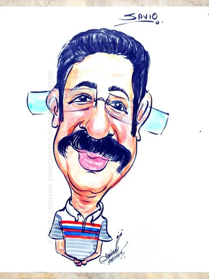 A colorful, hand-drawn caricature with a big mustache. I use markers and ink to create these lively portraits at events or from photos.