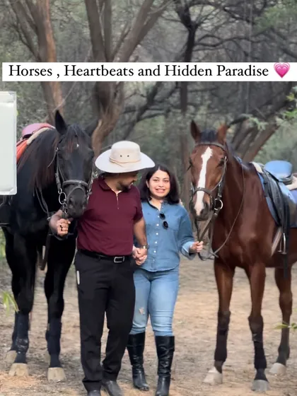 Two horses for two people. This image captures a couple sharing a quiet moment with their equine companions before heading out on their private trail adventure.