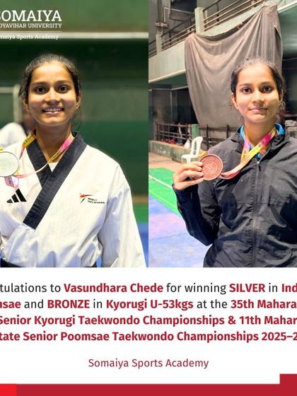 Vasundhara Chede showcases her silver and bronze medals won in Poomsae and Kyorugi at the state championships, highlighting her versatility.