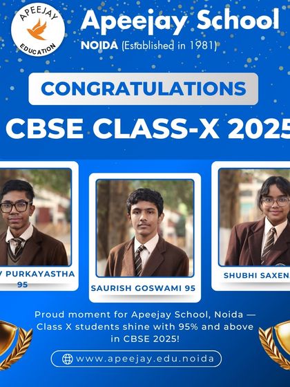 Celebrating the academic achievements of Rishav Purkayastha (95%), Saurish Goswami (95%), and Shubhi Saxena (95%) in the CBSE Class 10 exams.