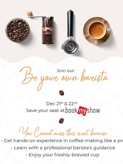 Another version of our barista workshop poster, this one from a December event. It shows the essential tools of the trade: fresh beans, a grinder, and a portafilter.