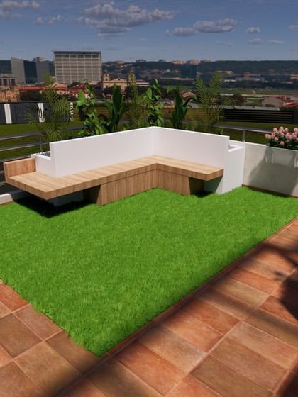 This 3D design focuses on a cozy corner of a terrace. It features a built-in wooden bench on an artificial turf patch, surrounded by planters, making excellent use of a smaller area.