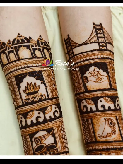A close-up of the arm design for the San Francisco bride, showing the Golden Gate Bridge and other symbolic elements.