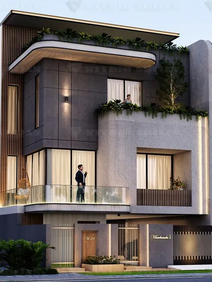 An alternate view of the Noida residence, showing the subtle curve of the side wall. The combination of dark grey panels, light concrete, and wood accents creates a balanced and modern aesthetic.
