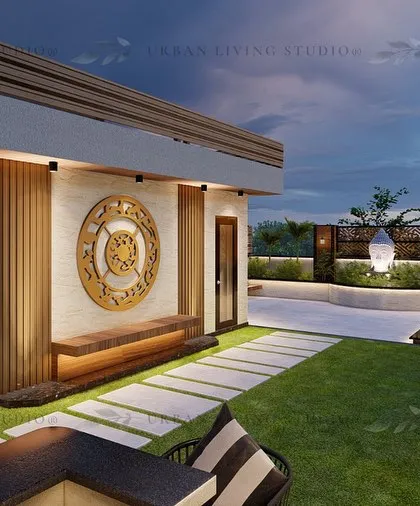 A 3D render of the Punjabi Bagh terrace, focusing on a feature wall with a large art piece and an integrated bench. This is how we visualize key focal points in our designs.