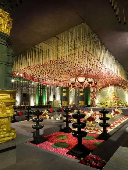 A closer look at the custom fabricated pillars, which were a cornerstone of the temple design. The detailed carvings and dual tone finish were created to replicate the texture and feel of ancient stone temples.