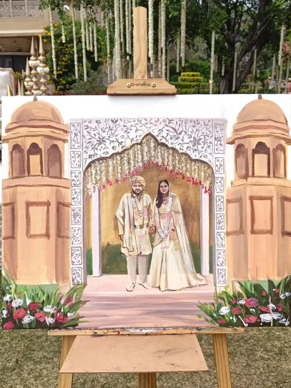 A live painting from a beautiful wedding at the Heritage Village Resort in Manesar. The goal was to capture the couple within the stunning architectural elements of their venue.