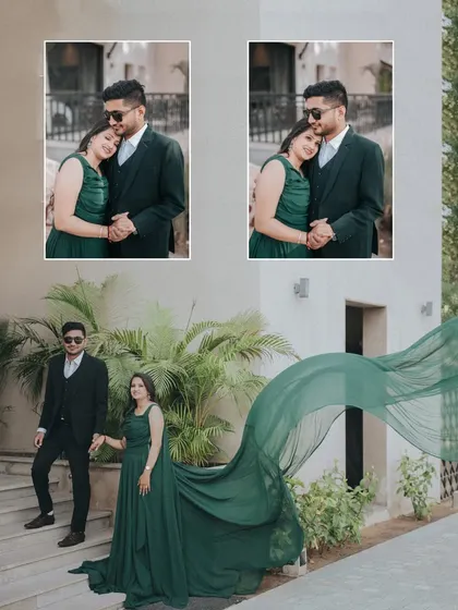 A collage from a modern and elegant shoot, featuring a couple in coordinating green and black formal wear.