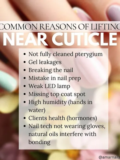 A guide to why gel might lift near the cuticle area. Reasons can range from improper cleaning of the nail plate to a weak LED lamp.
