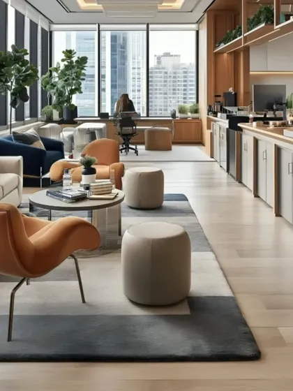 An open-plan living and work area designed for a modern lifestyle. This space combines a comfortable lounge with functional workstations, showcasing how we integrate different zones seamlessly within a single room using cohesive furniture and layout planning.