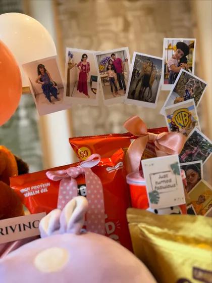Another angle of the photo memory display, a key feature of this sentimental and fun-filled birthday hamper.