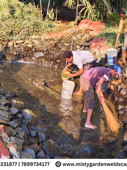 Our team thoroughly cleans the bottom of the pond, removing sludge and debris that can affect water quality. The rock borders are also scrubbed and rearranged.