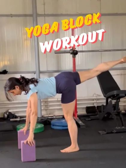 A yoga block workout in action. This single-leg RDL uses blocks to ensure proper depth and alignment, making the exercise more effective.