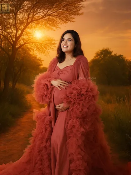 A mom-to-be in a dramatic gown, bathed in the golden light of a sunset-themed outdoor shoot.