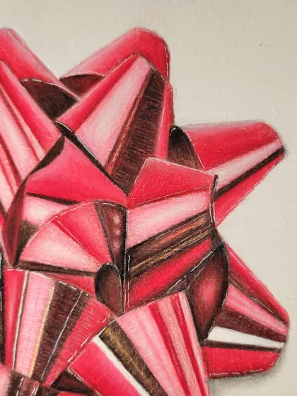 Another detail shot of the Christmas bow, showing the metallic sheen.