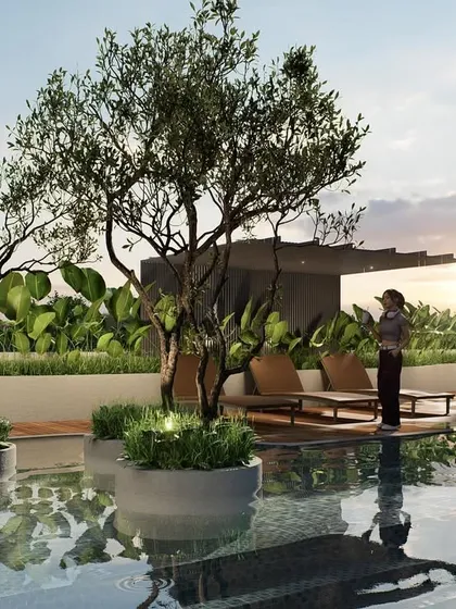 This rooftop pool and garden is designed as a serene escape within the city. The design integrates lush plantings, calm water, and comfortable lounge spaces to create a biophilic retreat that enhances well-being and offers a connection to nature.