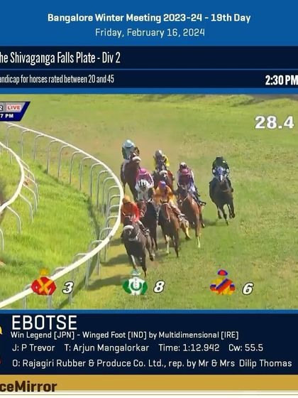 Race 2 results from February 16, 2024: Ebotse wins The Shivaganga Falls Plate.