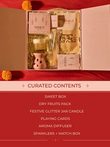 Here's what's inside the Modern Home Celebration Box: a sweet box, dry fruits, a glitter candle, playing cards, an aroma diffuser, and sparklers for a complete festive experience.