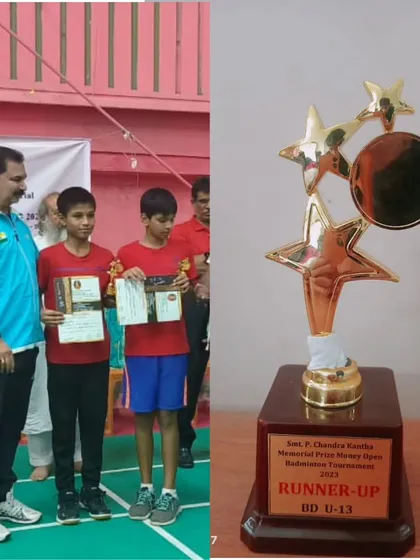 Mayuresh and his partner receiving their runner-up trophy for the U-13 Boys Doubles at the Smt. P. Chandra Kantha Memorial Tournament in Telangana.