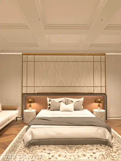The master bedroom of this upcoming villa is a serene retreat. The bed is framed by elegant paneling with a subtle pattern and brass inlay, creating a focal point of understated luxury.