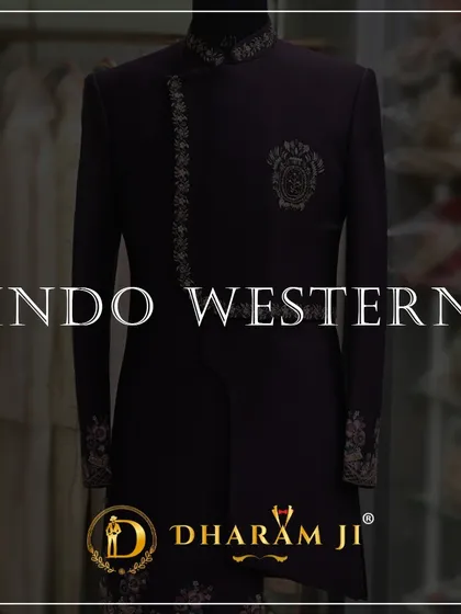 A graphic for my "INDO WESTERN" collection, featuring a deep purple asymmetrical outfit with intricate embroidery.